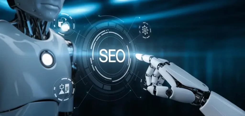 Robot con gráficos de SEO representando herramientas de IA para potenciar tu posicionamiento SEO